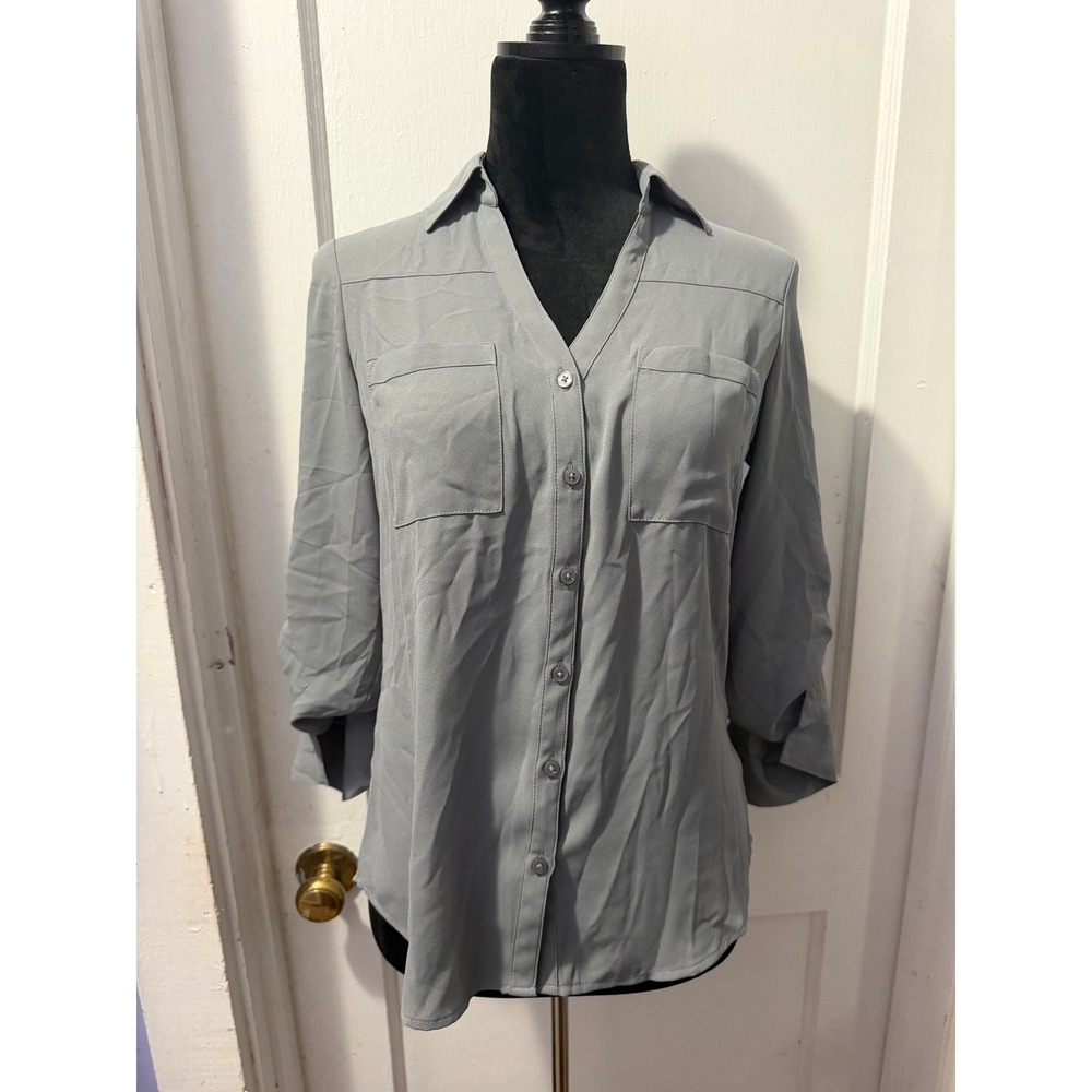 Express Grey Button Down Blouse XS Roll Tab Sleeve Chest Pockets 100% Polyester